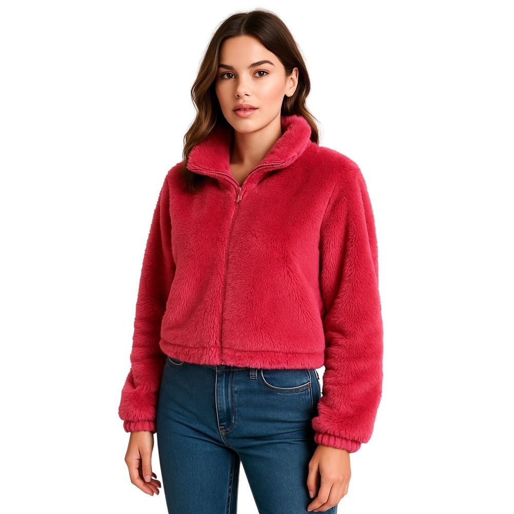 Almost Famous Pink Faux Fur Cropped Jacket Women's Medium Zip Up‎ Cozy Plush